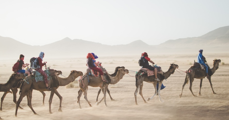 Five tourist Camel Riding on Thar desert in India